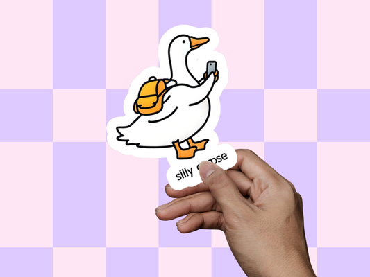 Funny Goose holding a phone and look at it with a backpack, Kiss-Cut Stickers, Animal Lover Sticker, Silly Goose Laptop Decal, Cute Backpack Sticker.