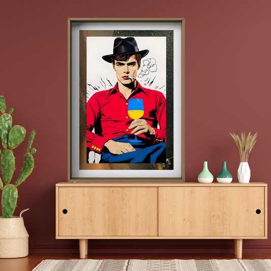 A young man holding a cup and smoking a cigarette Pop Art style, red and blue, Home Office Decor, Matte Poster Art.
