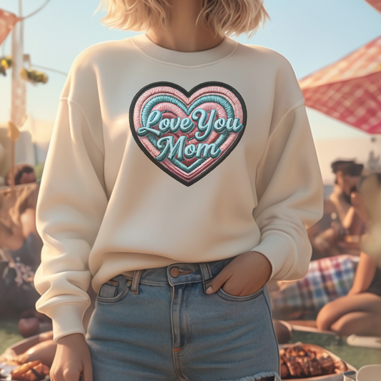 Love You Mom Crewneck Sweatshirt, Mother's Day Gift, Heart Design Pullover, Cozy Gift for Mom, Unisex Crewneck